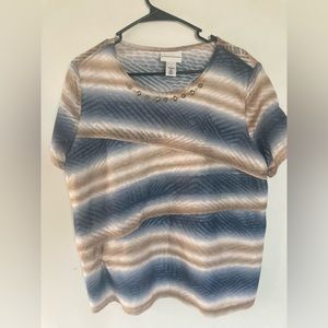 Alfred Dunner Women’s Short Sleeve Blue Brown Top with Beads Size Large